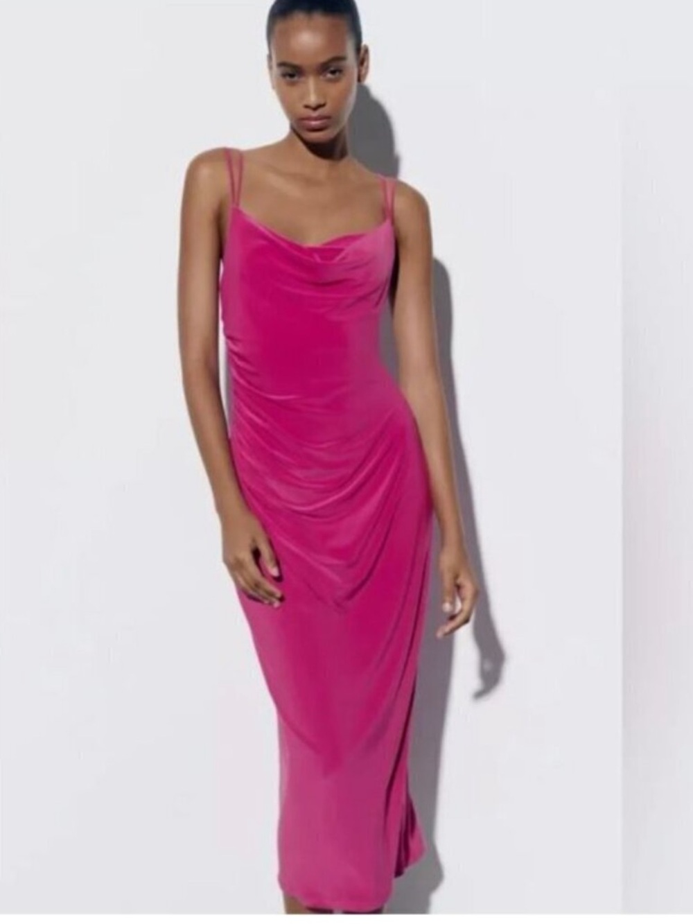 ZARA HOT PINK MIDI DRESS WITH DRAPED NECKLINE Stretch Small